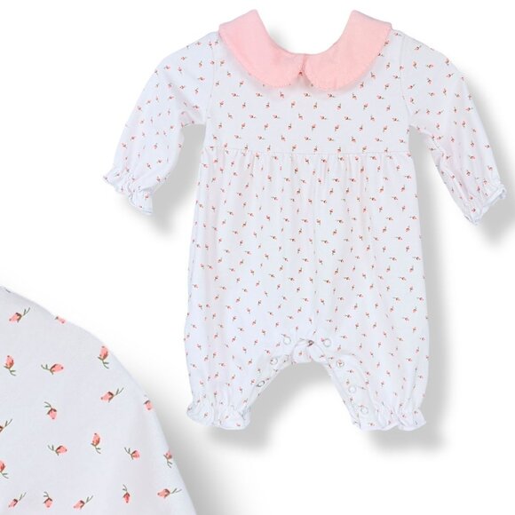 Jellybean Baby Girl Sweet Pink Floral Collared Long Bubble Romper Outfit 3m / 6m - Picture 1 of 9